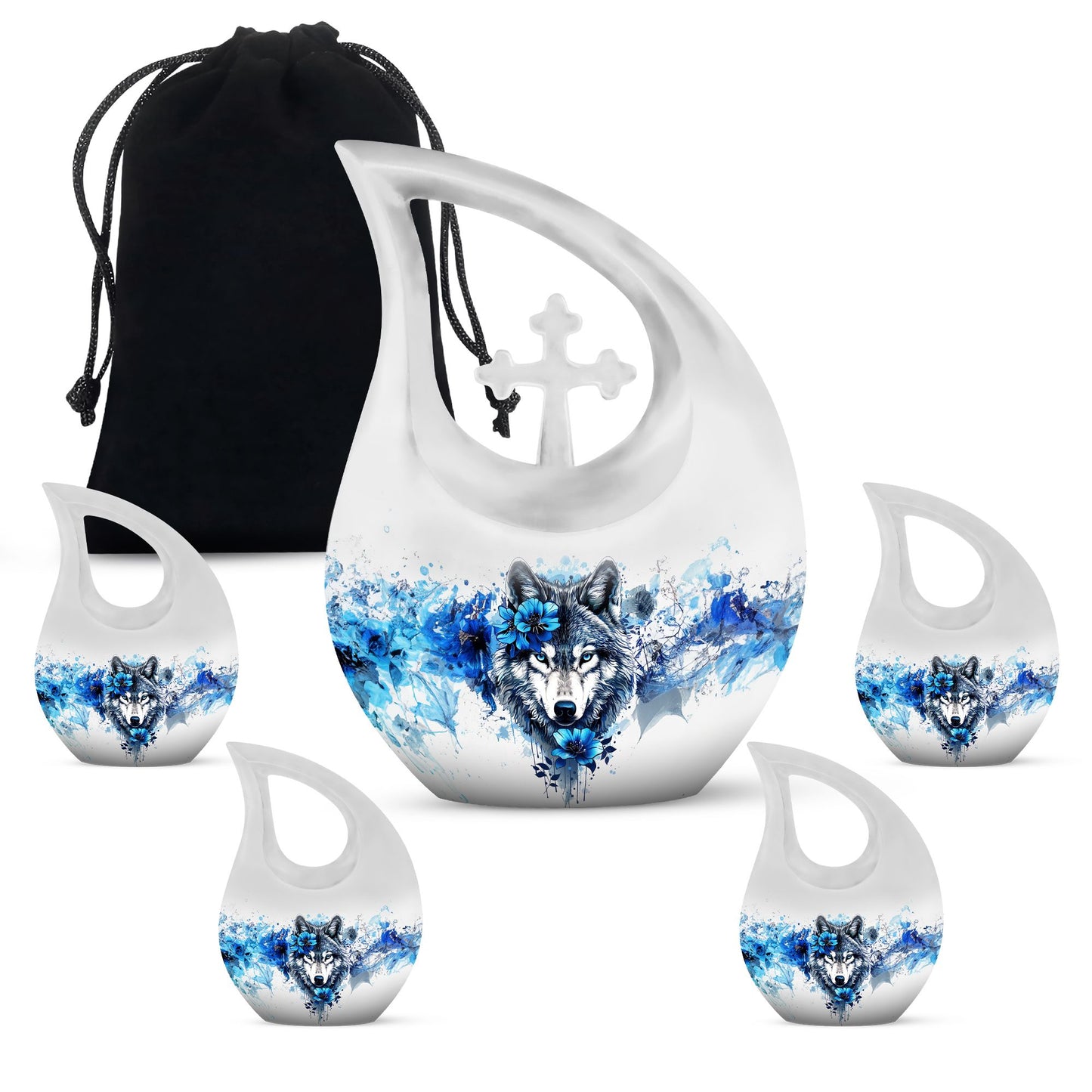 Wolf Theme Large Urn With 4 Keepsake Urn