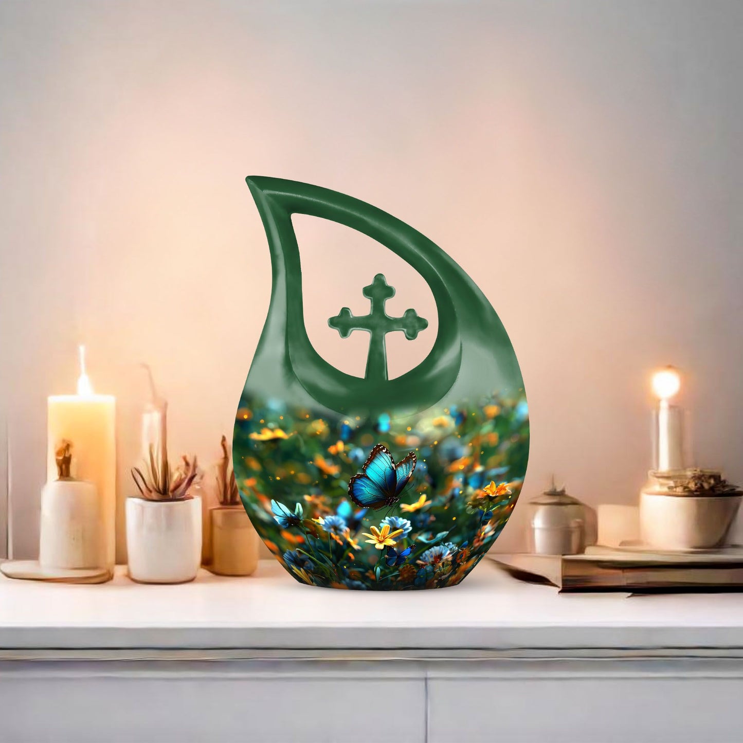 10-inch Butterfly themed Cross Drop urn