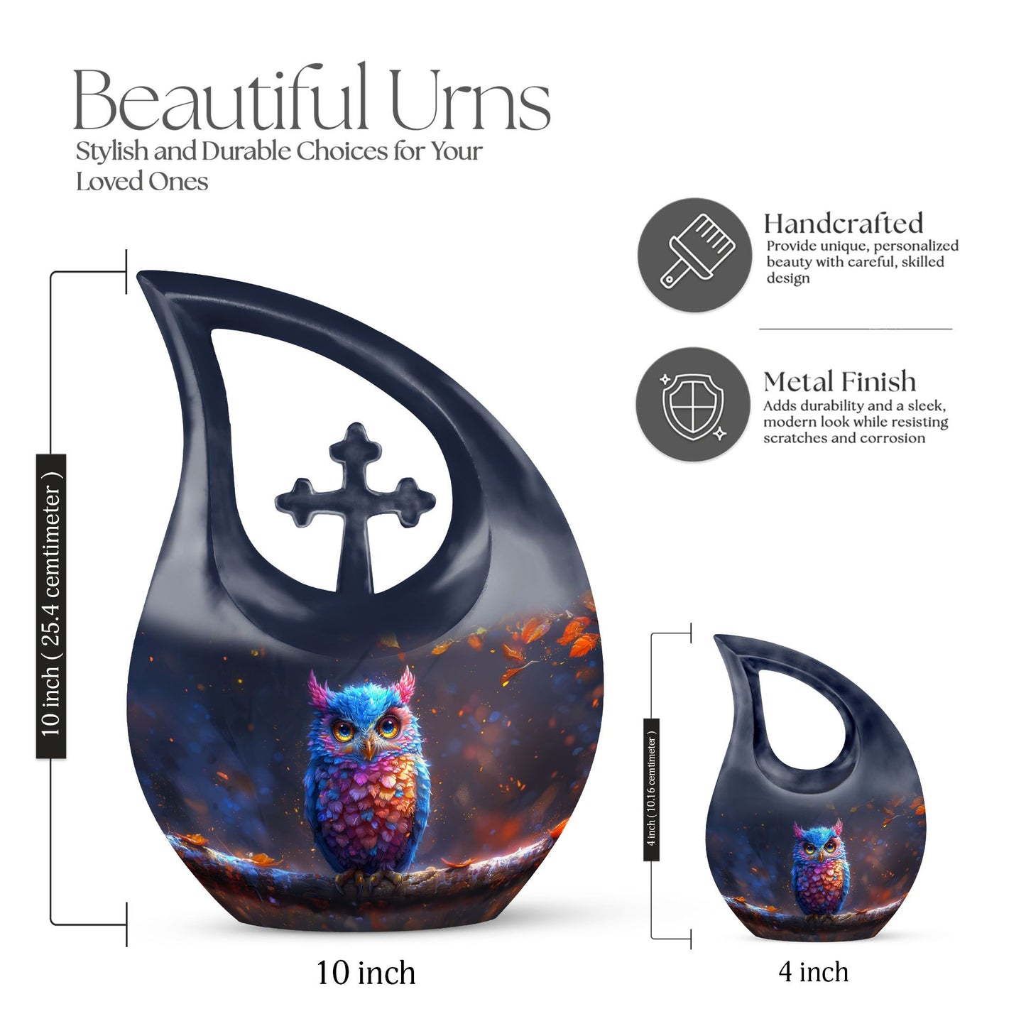 10-inch Owl urn with Cross Drop design for mom, includes customization
