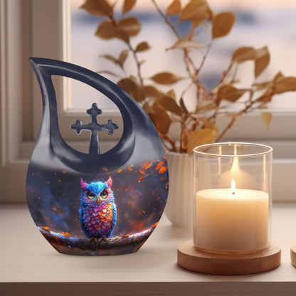 10-inch Owl urn with Cross Drop design for mom, includes customization