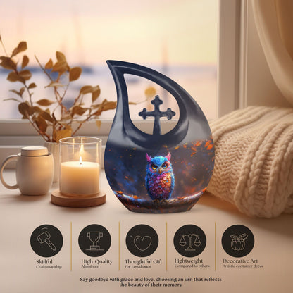 10-inch Owl urn with Cross Drop design for mom, includes customization
