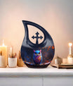 10-inch Owl urn with Cross Drop design for mom, includes customization