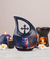 10-inch Owl urn with Cross Drop design for mom, includes customization