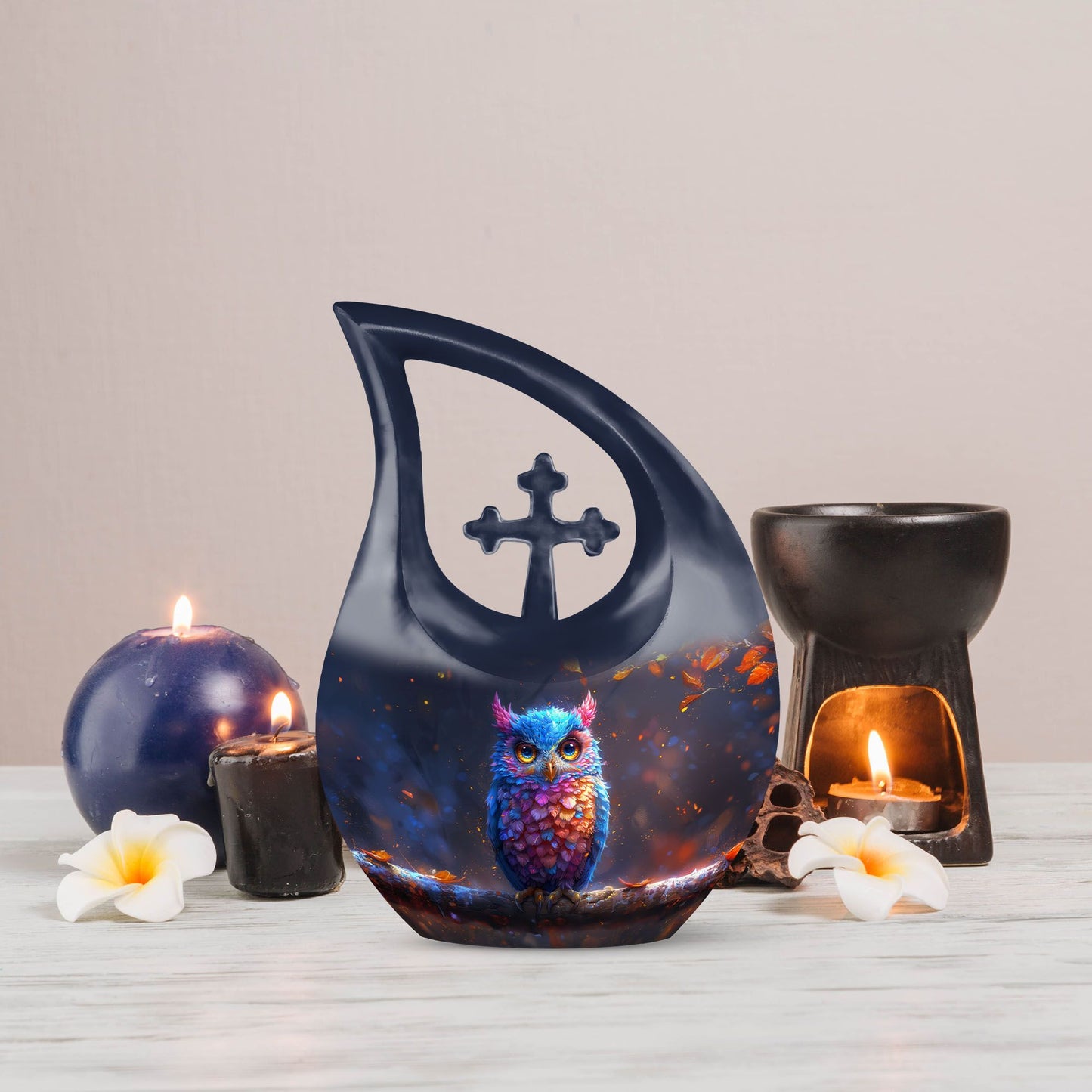 10-inch Owl urn with Cross Drop design for mom, includes customization