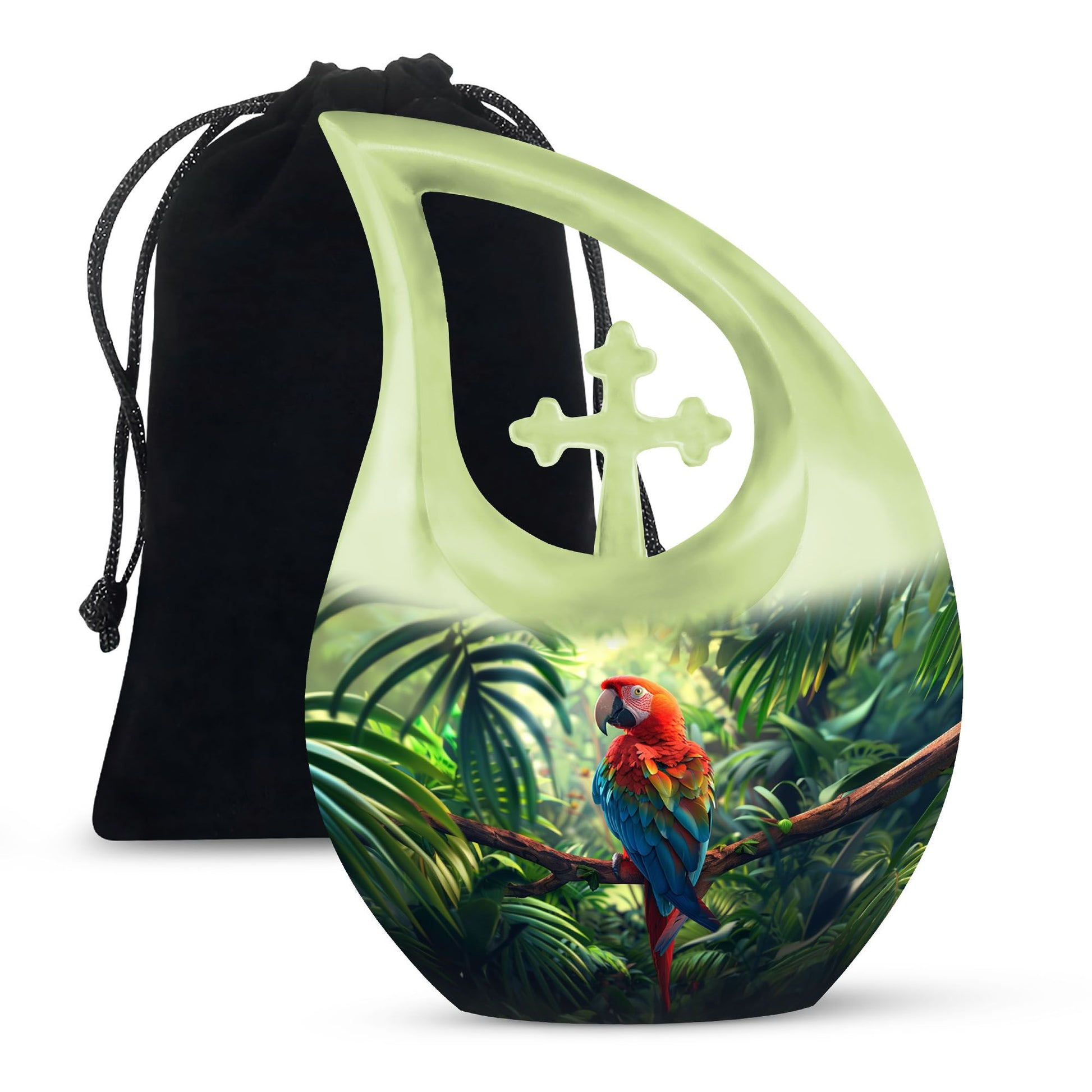 10-inch Macaw Parrot Urn with Cross Drop design, ideal for adult companion memorial urns