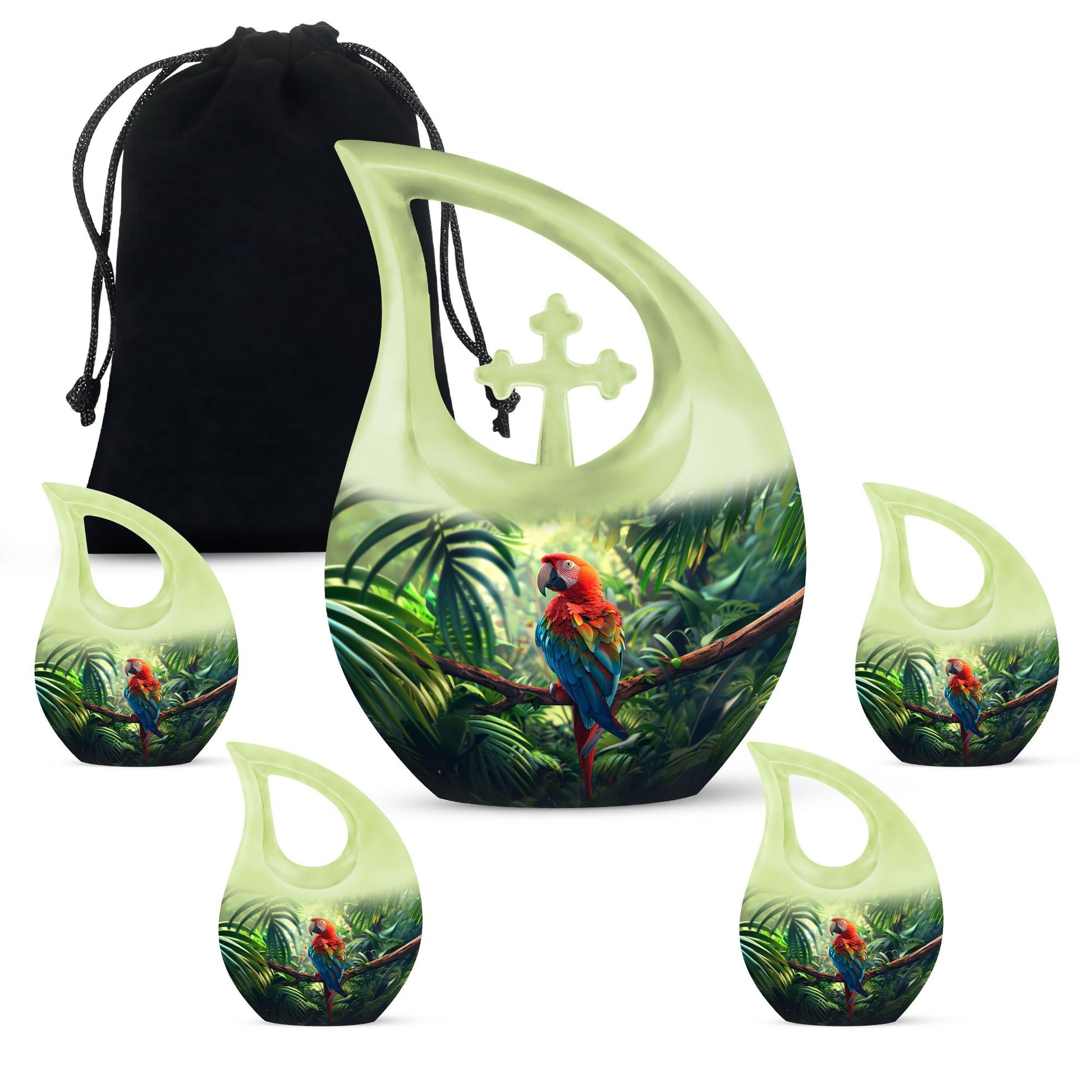 10-inch Macaw Parrot Urn with Cross Drop design, ideal for adult companion memorial urns