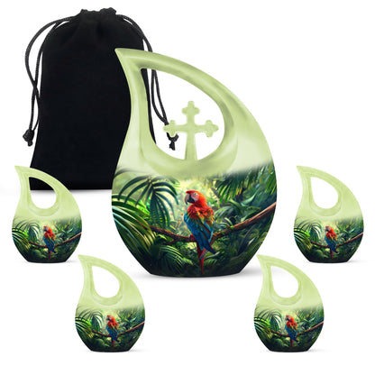 10-inch Macaw Parrot Urn with Cross Drop design, ideal for adult companion memorial urns