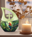 10-inch Macaw Parrot Urn with Cross Drop design, ideal for adult companion memorial urns