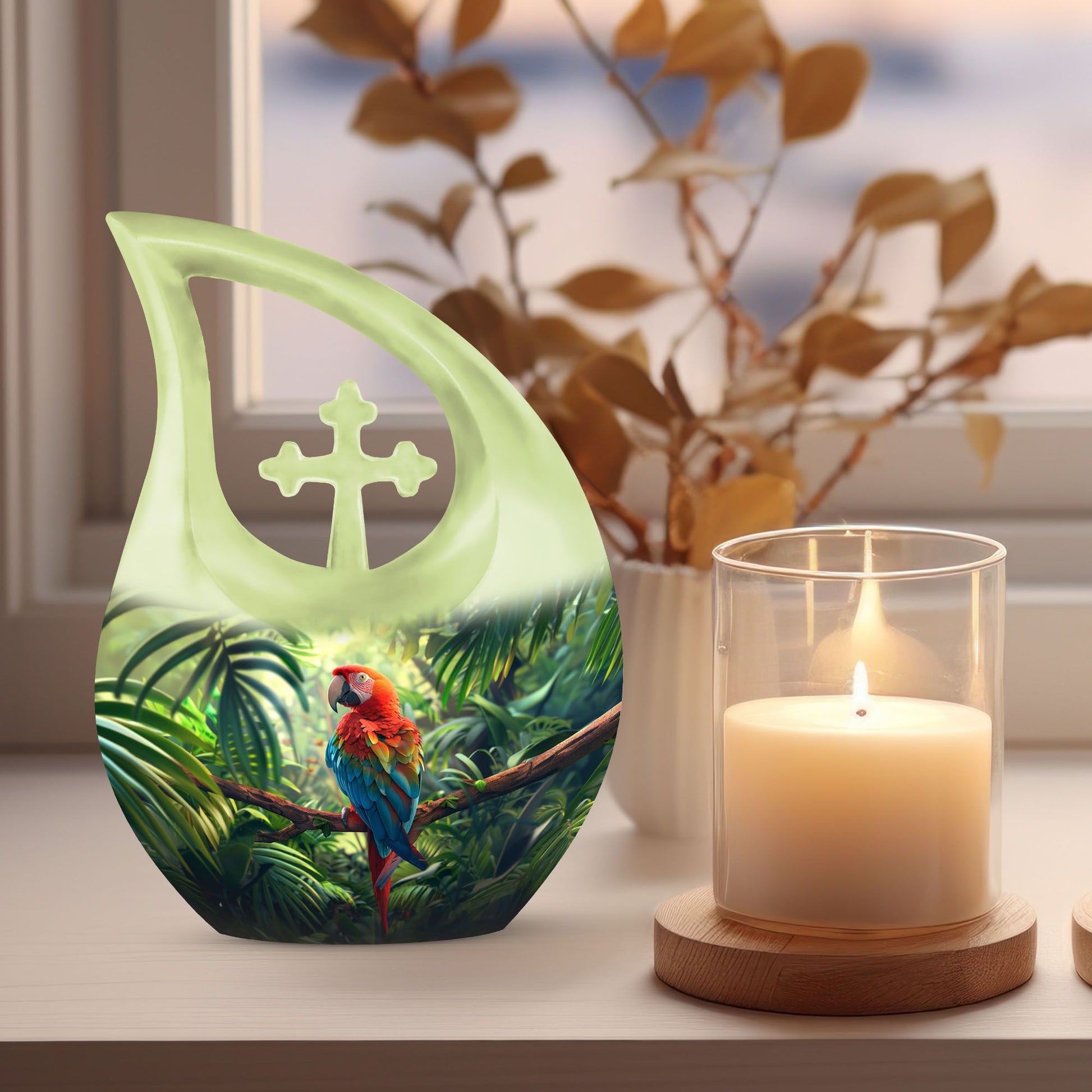 10-inch Macaw Parrot Urn with Cross Drop design, ideal for adult companion memorial urns