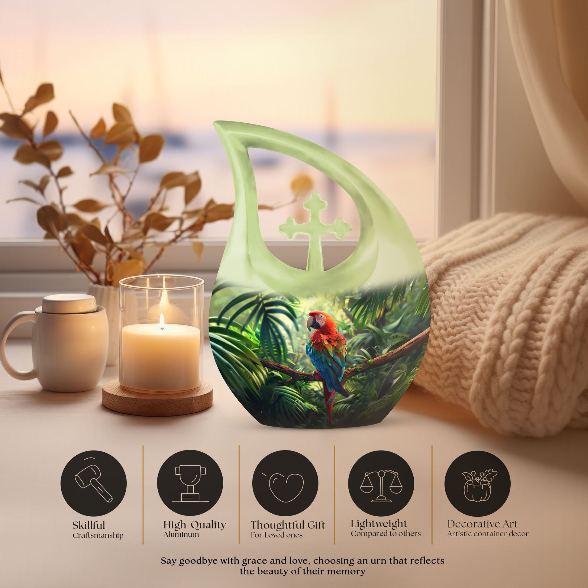 10-inch Macaw Parrot Urn with Cross Drop design, ideal for adult companion memorial urns