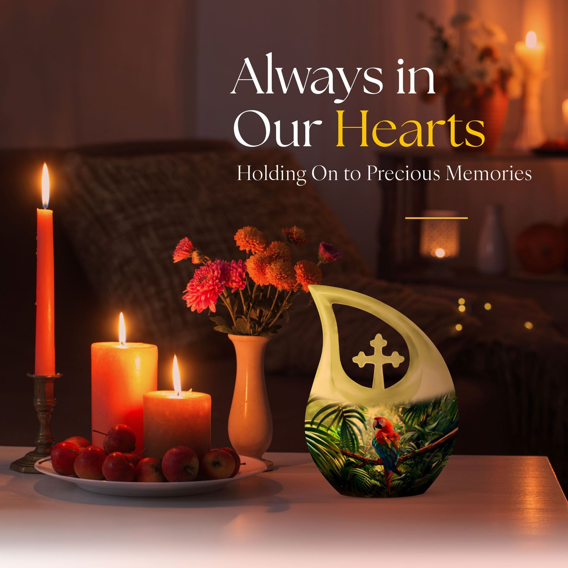 10-inch Macaw Parrot Urn with Cross Drop design, ideal for adult companion memorial urns