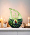 10-inch Macaw Parrot Urn with Cross Drop design, ideal for adult companion memorial urns