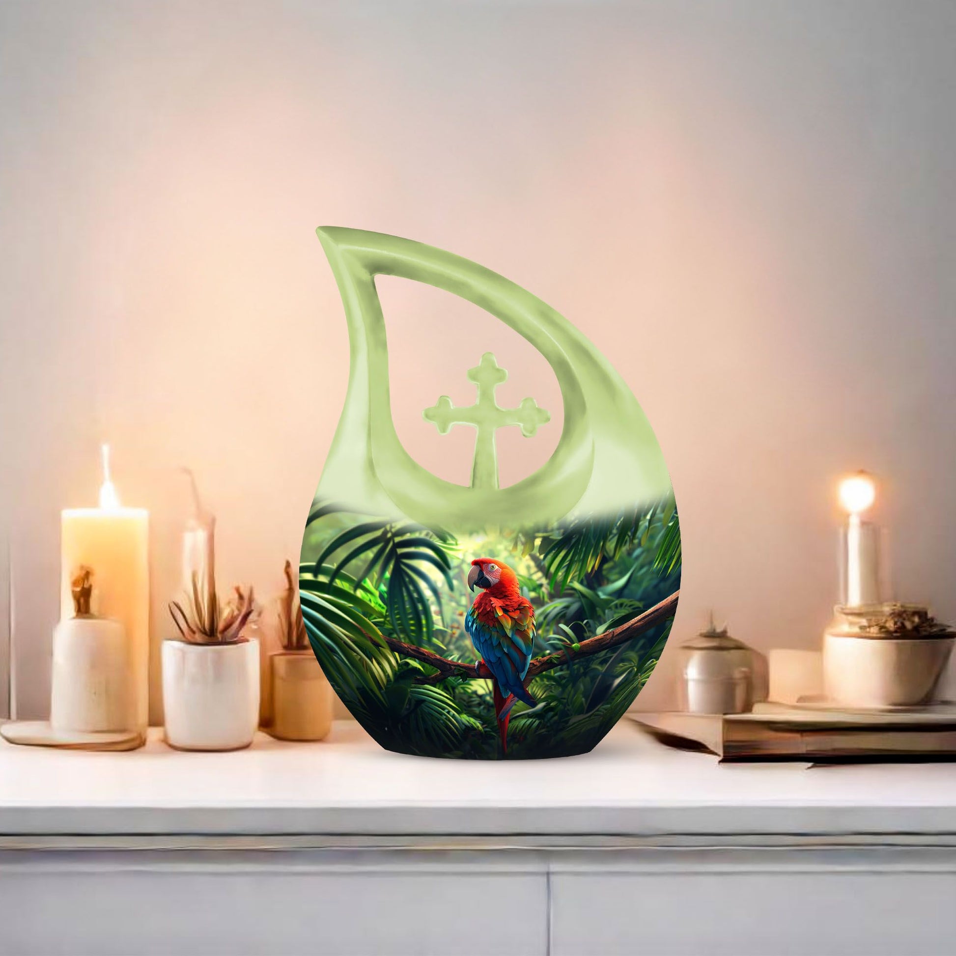 10-inch Macaw Parrot Urn with Cross Drop design, ideal for adult companion memorial urns