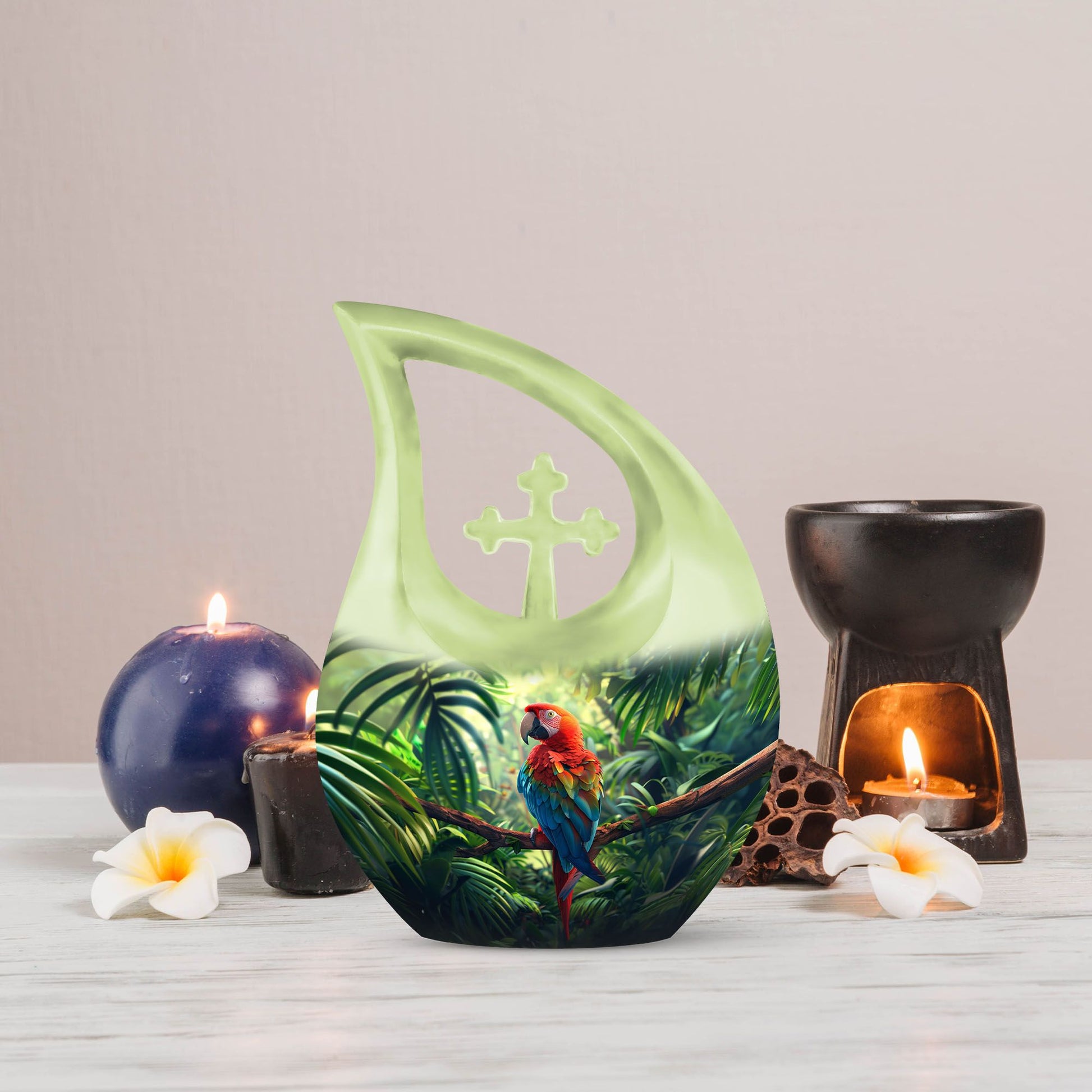 10-inch Macaw Parrot Urn with Cross Drop design, ideal for adult companion memorial urns