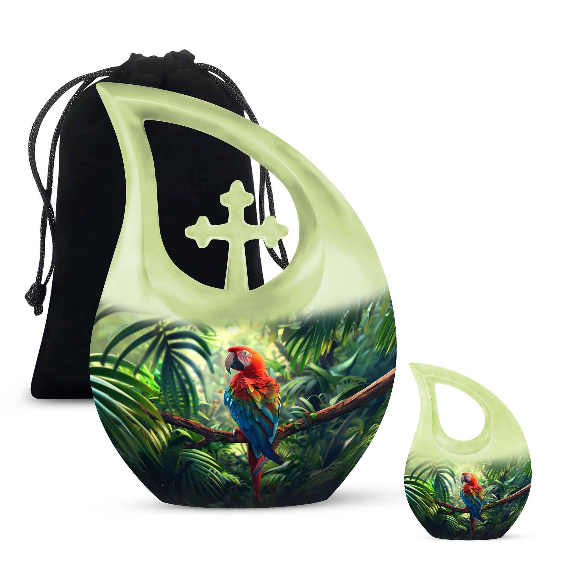 10-inch Macaw Parrot Urn with Cross Drop design, ideal for adult companion memorial urns