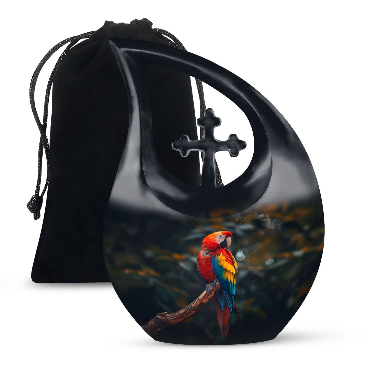 Macaw Parrot themed 10-inch Cross Drop Large Urn for adult cremation, personalized engraving