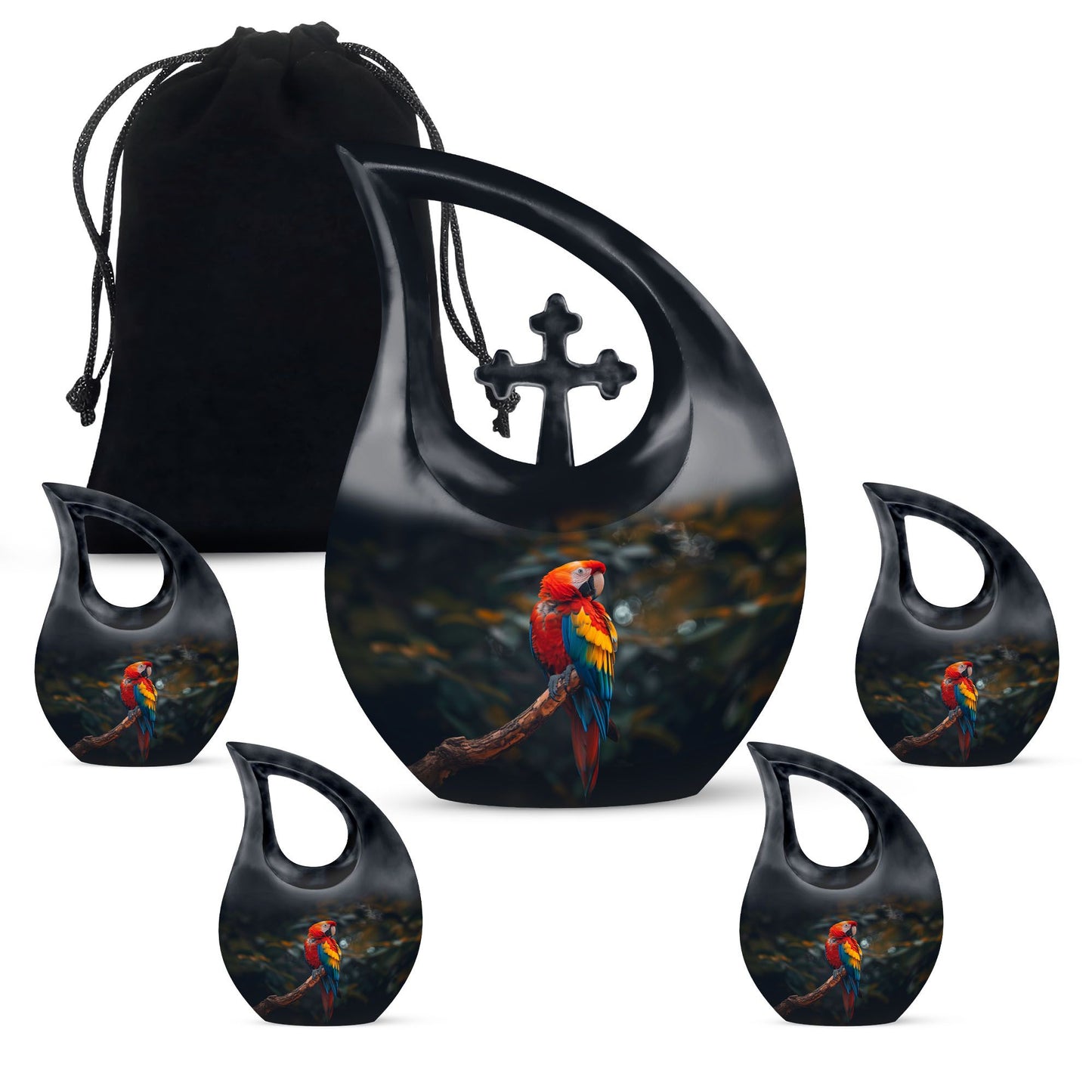 Macaw Parrot themed 10-inch Cross Drop Large Urn for adult cremation, personalized engraving