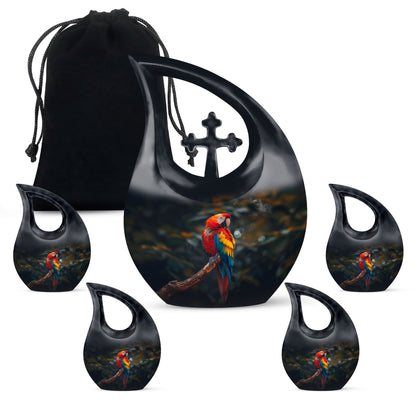 Macaw Parrot themed 10-inch Cross Drop Large Urn for adult cremation, personalized engraving