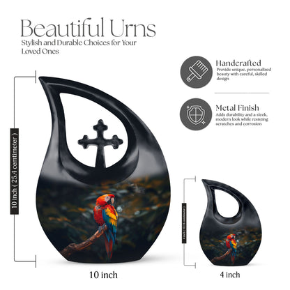 Macaw Parrot themed 10-inch Cross Drop Large Urn for adult cremation, personalized engraving
