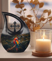Macaw Parrot themed 10-inch Cross Drop Large Urn for adult cremation, personalized engraving
