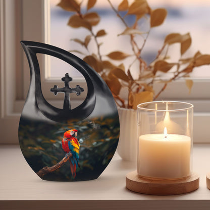Macaw Parrot themed 10-inch Cross Drop Large Urn for adult cremation, personalized engraving