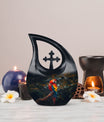 Macaw Parrot themed 10-inch Cross Drop Large Urn for adult cremation, personalized engraving