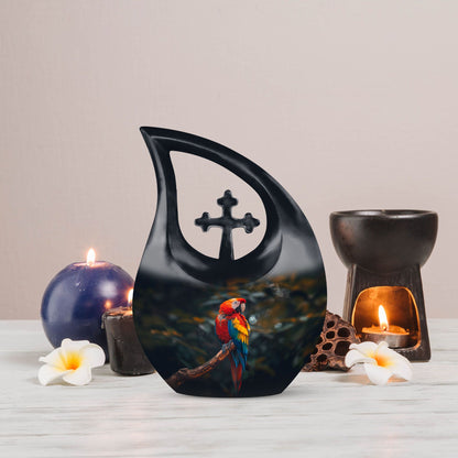Macaw Parrot themed 10-inch Cross Drop Large Urn for adult cremation, personalized engraving
