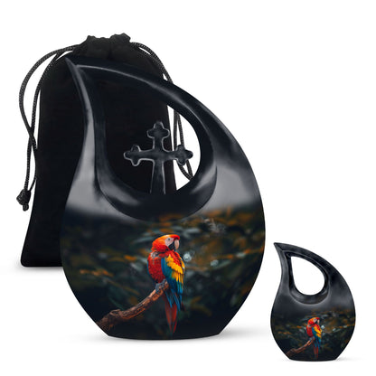 Macaw Parrot themed 10-inch Cross Drop Large Urn for adult cremation, personalized engraving
