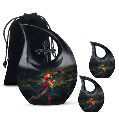 Macaw Parrot themed 10-inch Cross Drop Large Urn for adult cremation, personalized engraving