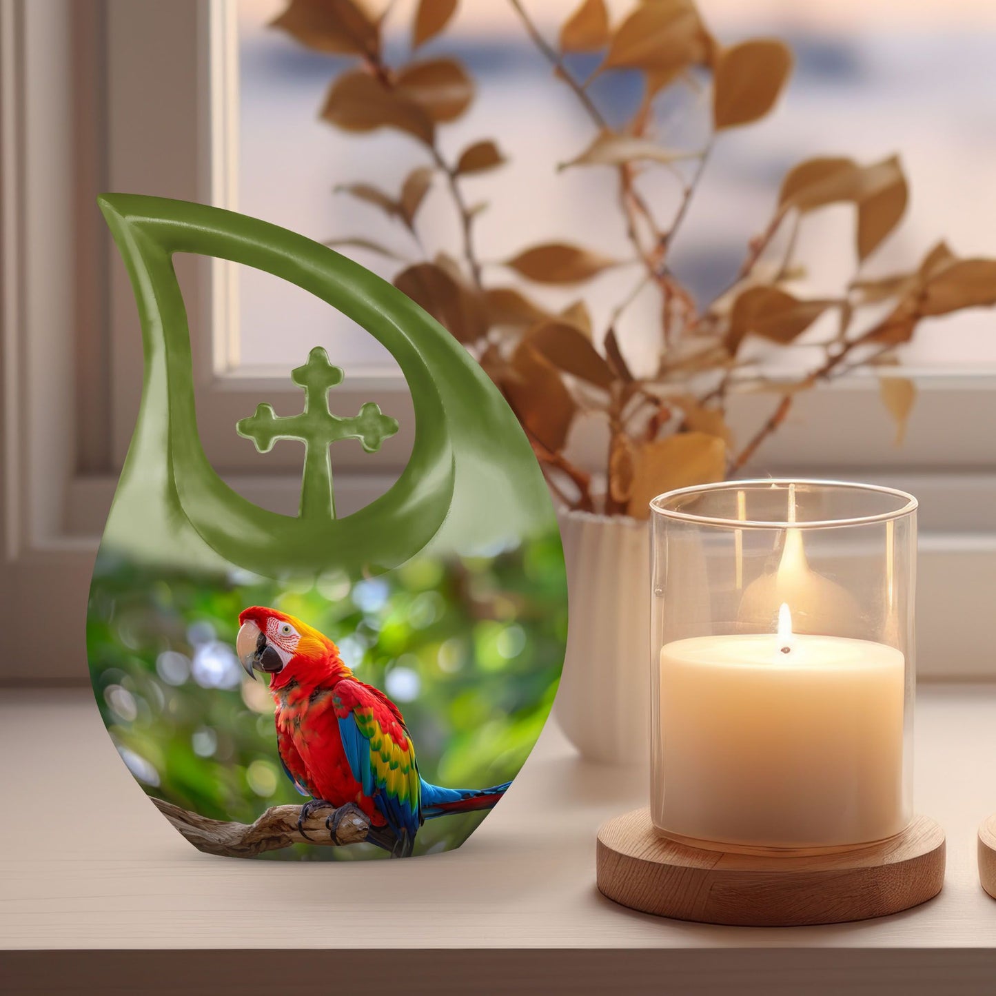 Macaw Parrot-themed urn, Large 10-inch Aluminium