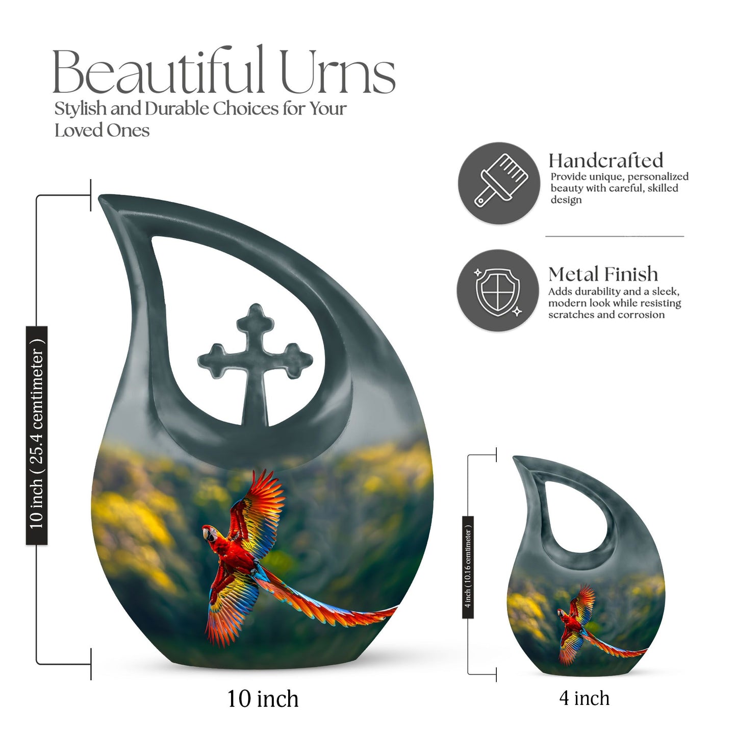 10-inch Macaw Parrot Urn with Cross Drop Design