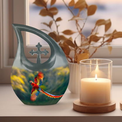 10-inch Macaw Parrot Urn with Cross Drop Design