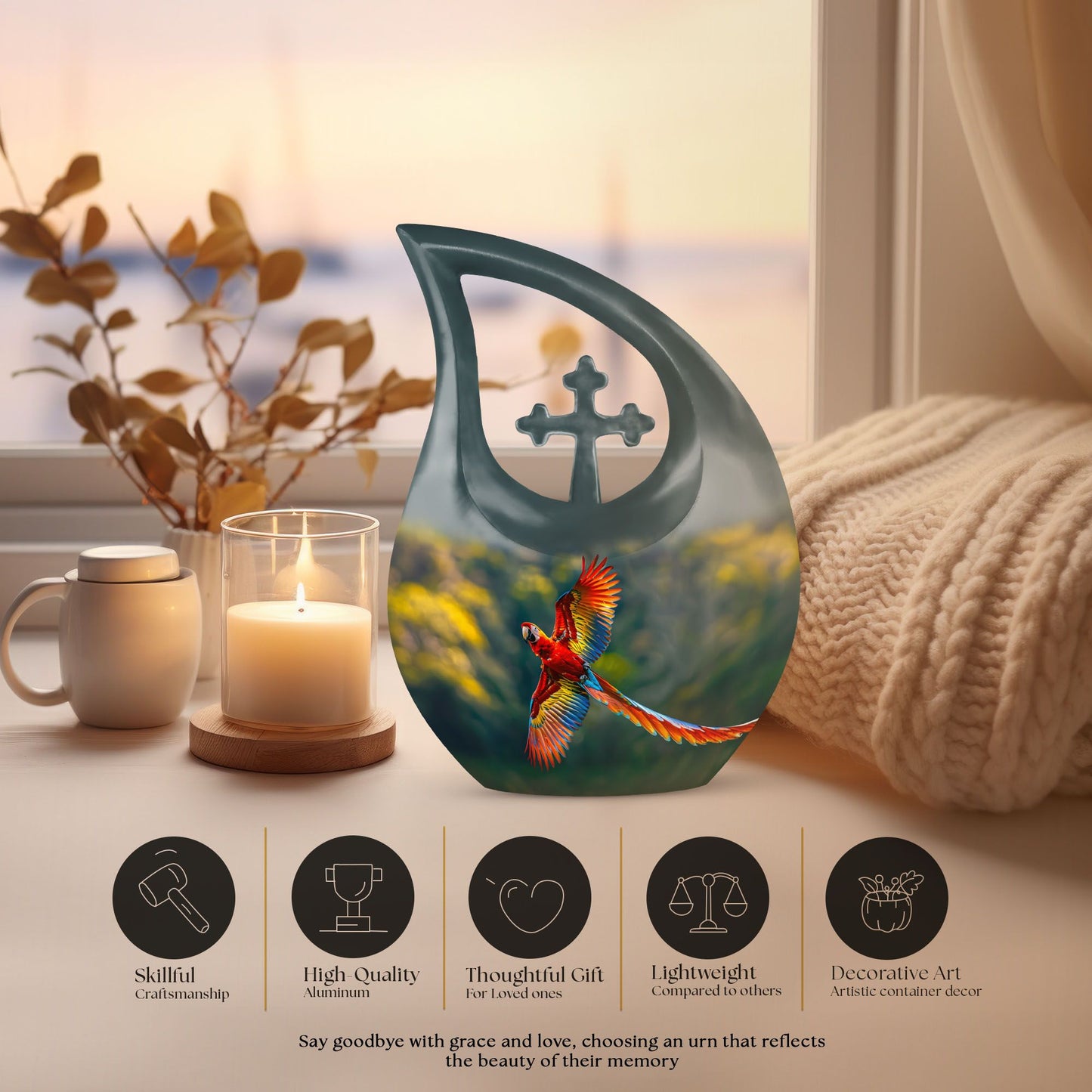 10-inch Macaw Parrot Urn with Cross Drop Design