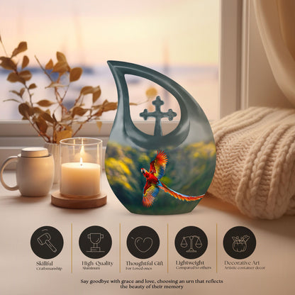 10-inch Macaw Parrot Urn with Cross Drop Design