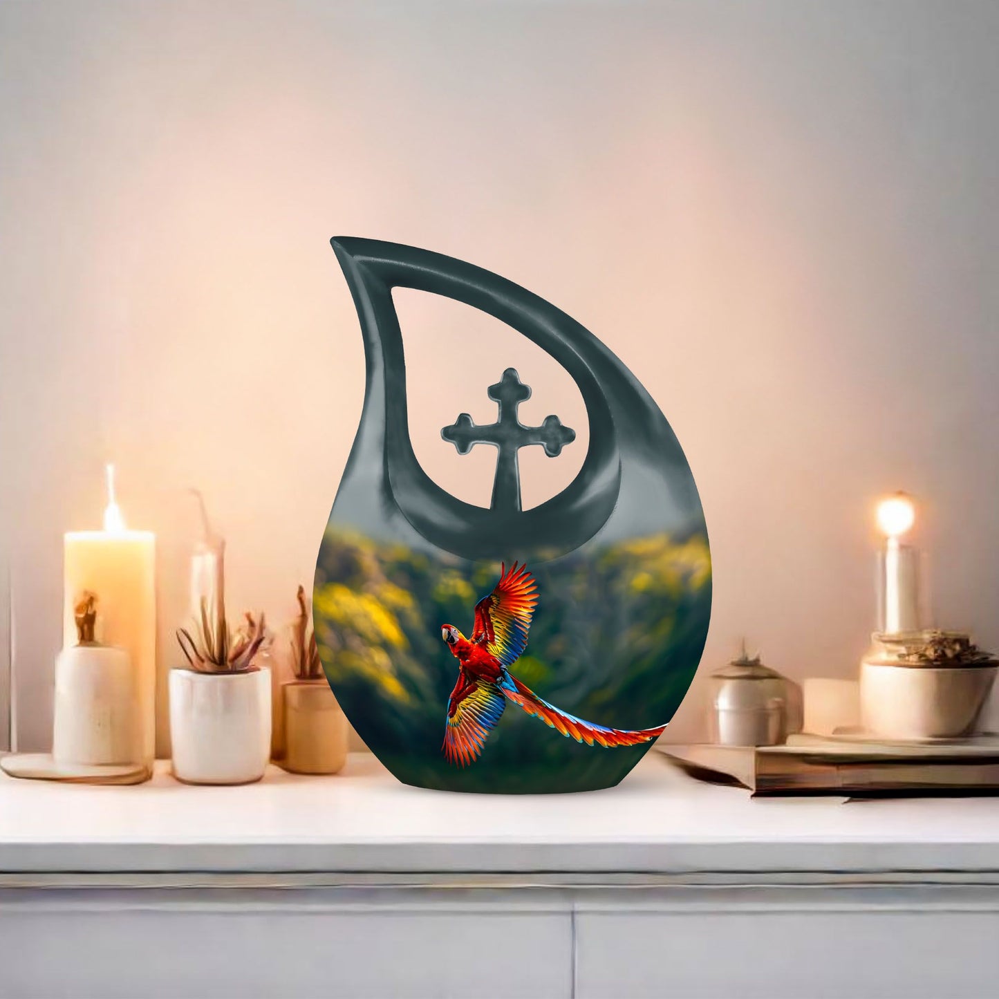 10-inch Macaw Parrot Urn with Cross Drop Design