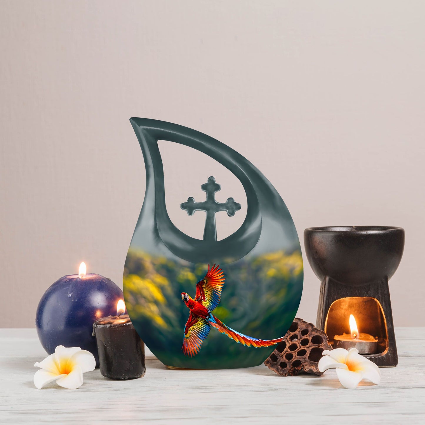 10-inch Macaw Parrot Urn with Cross Drop Design