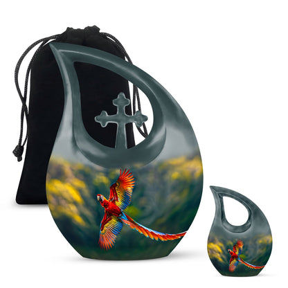 10-inch Macaw Parrot Urn with Cross Drop Design