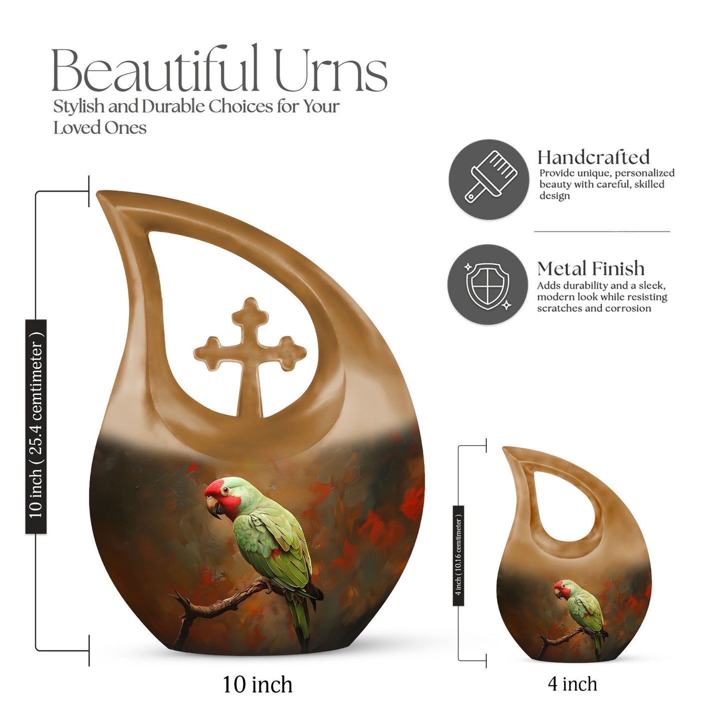 10-inch Macaw Parrot Urn, Cross Drop design in Aluminium, 