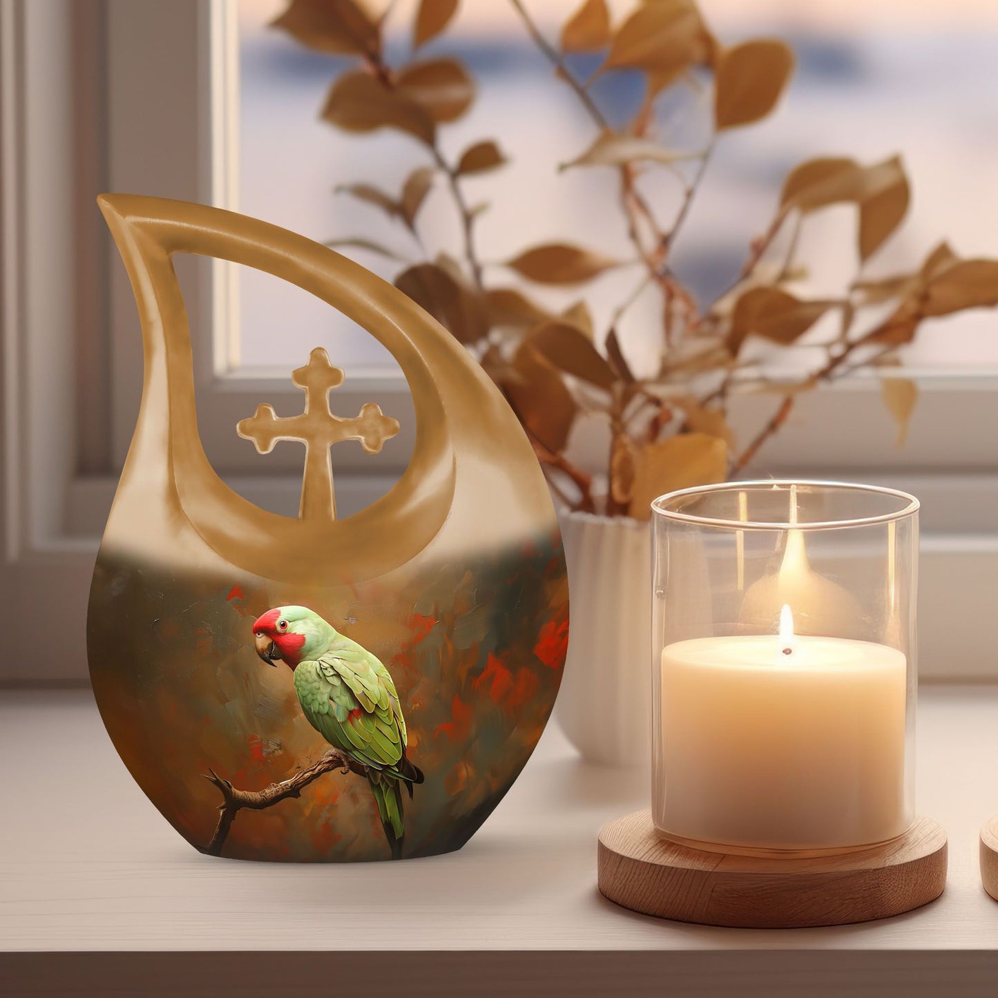 10-inch Macaw Parrot Urn, Cross Drop design in Aluminium, 