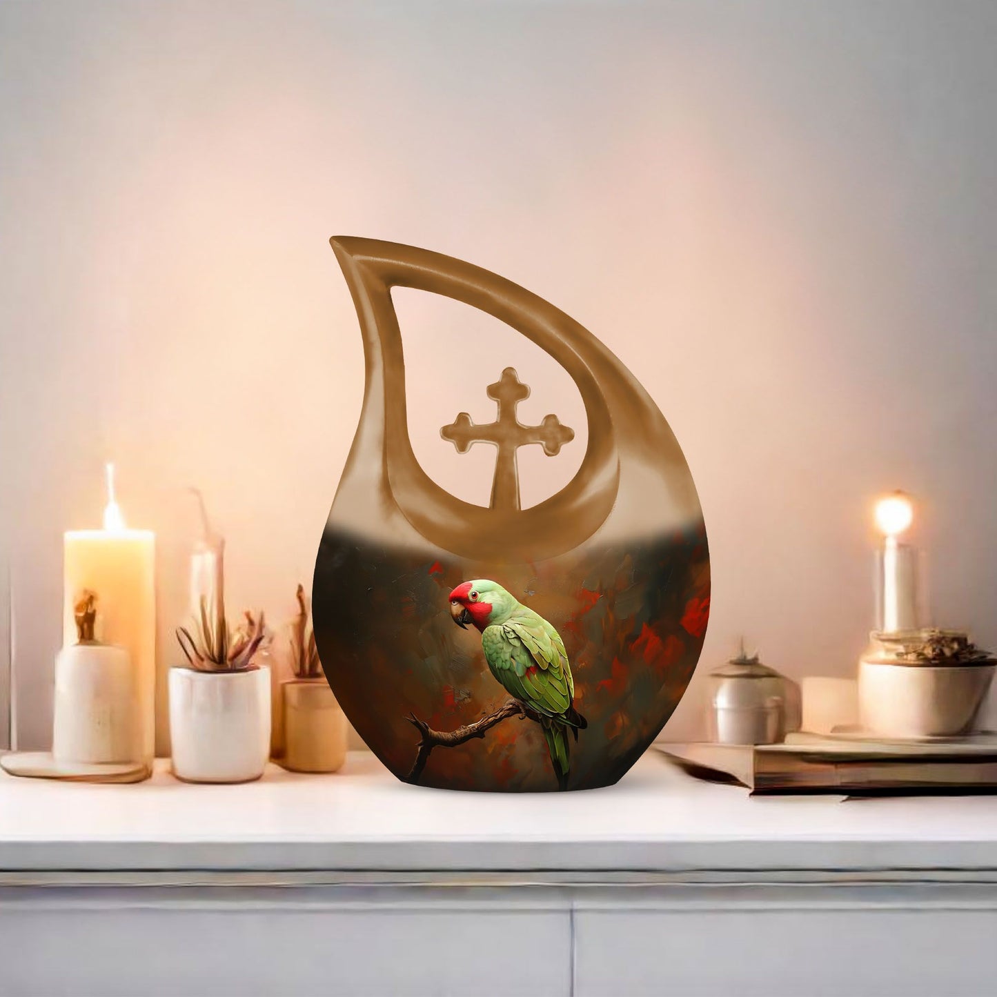 10-inch Macaw Parrot Urn, Cross Drop design in Aluminium, 