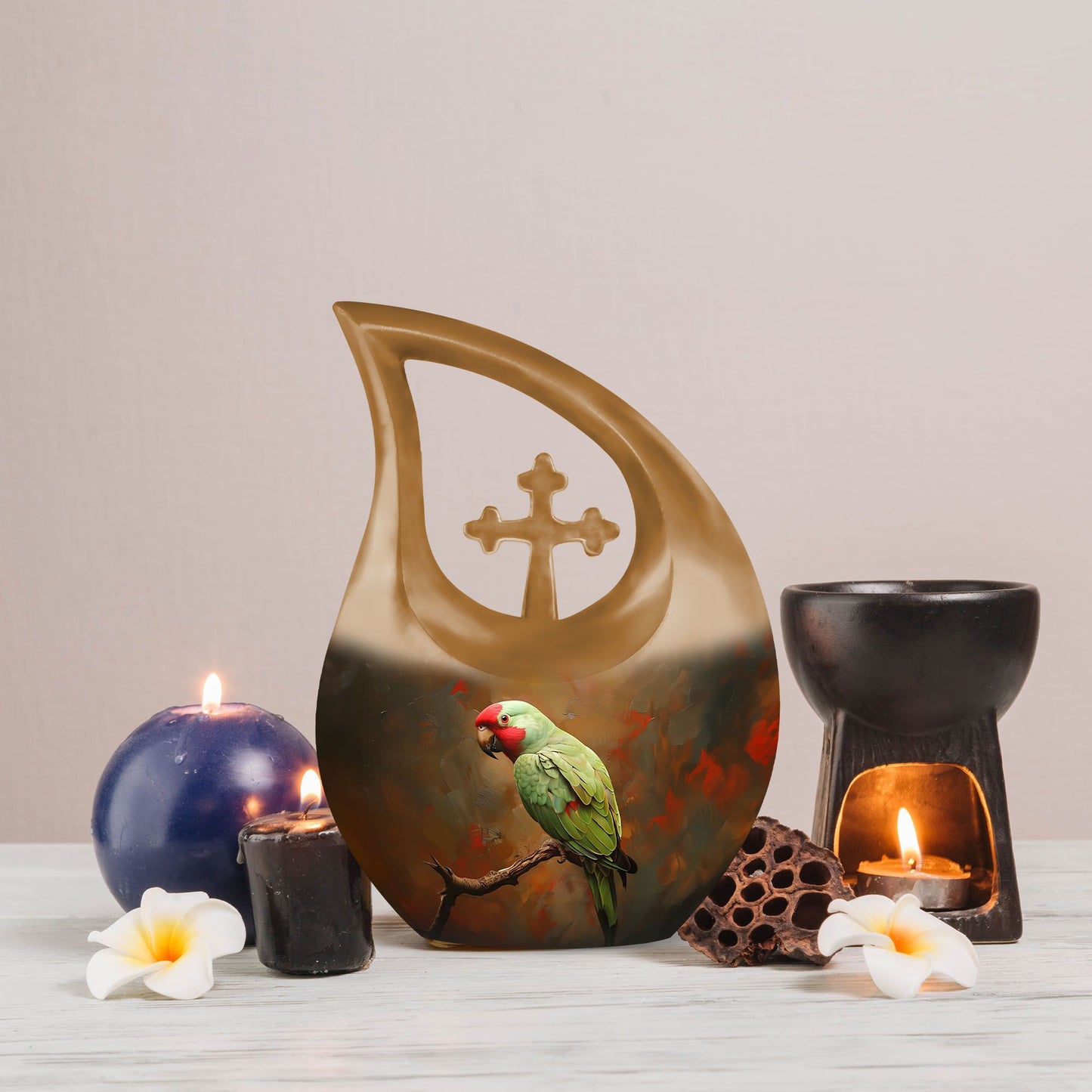 10-inch Macaw Parrot Urn, Cross Drop design in Aluminium, 