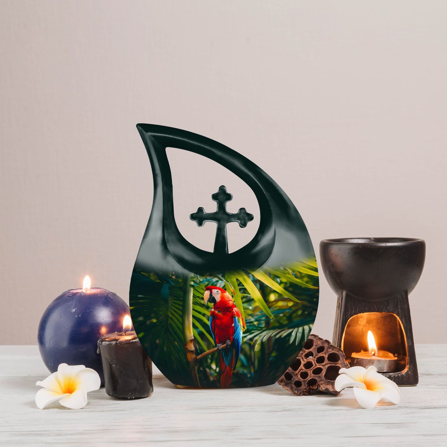 Large 10 inch Macaw Parrot Cross Drop Design Urn  