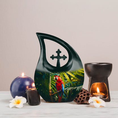 Large 10 inch Macaw Parrot Cross Drop Design Urn  