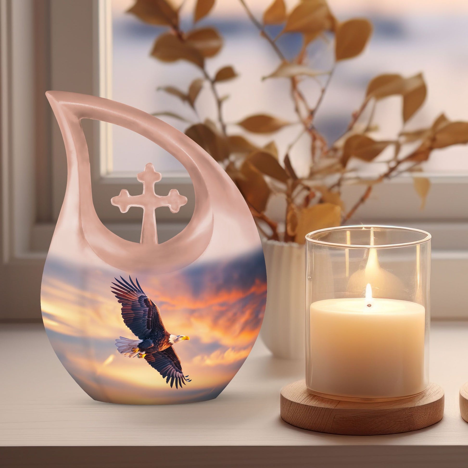 Eagle Urn with Cross Drop Design, Large Memorial Urn for
