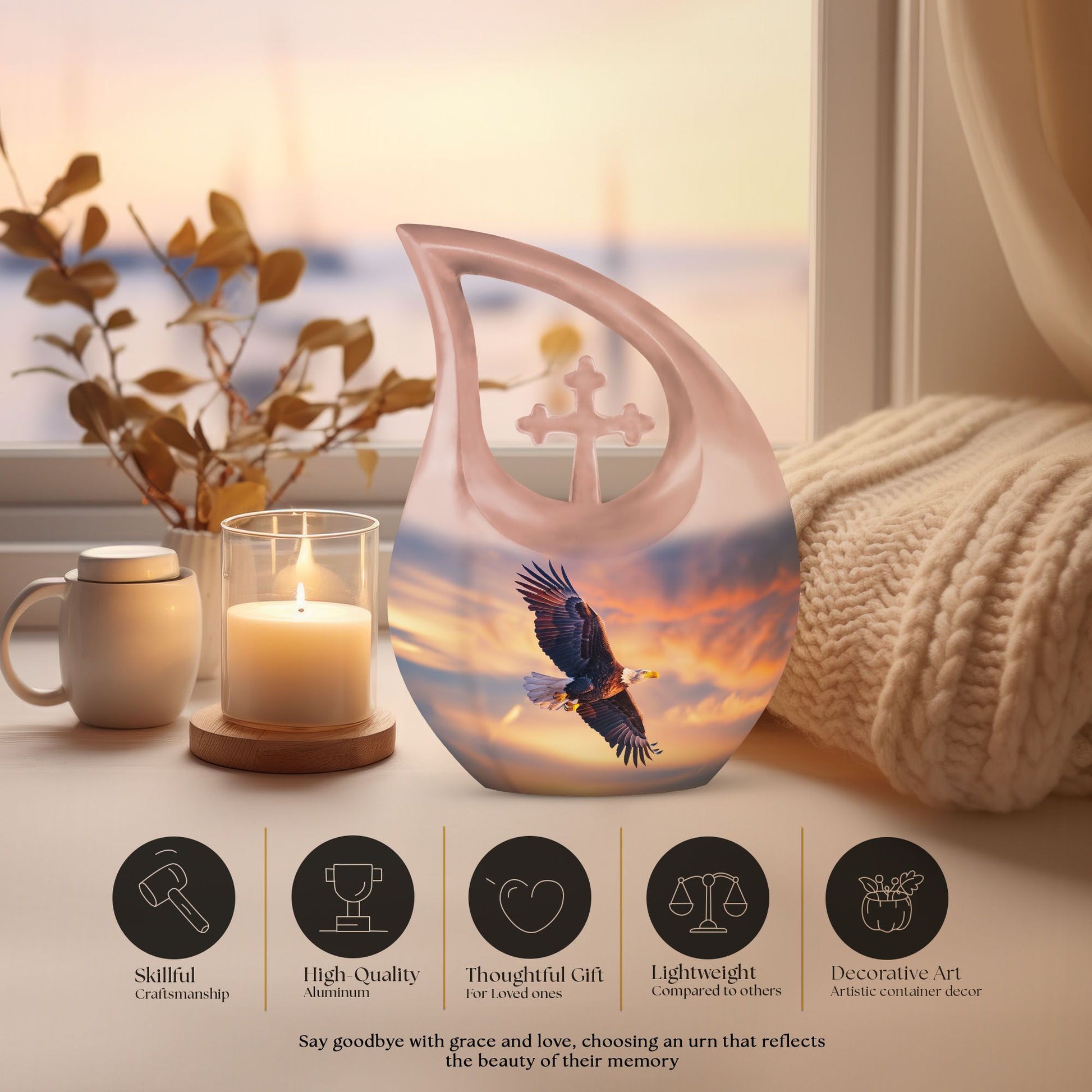 Eagle Urn with Cross Drop Design, Large Memorial Urn for