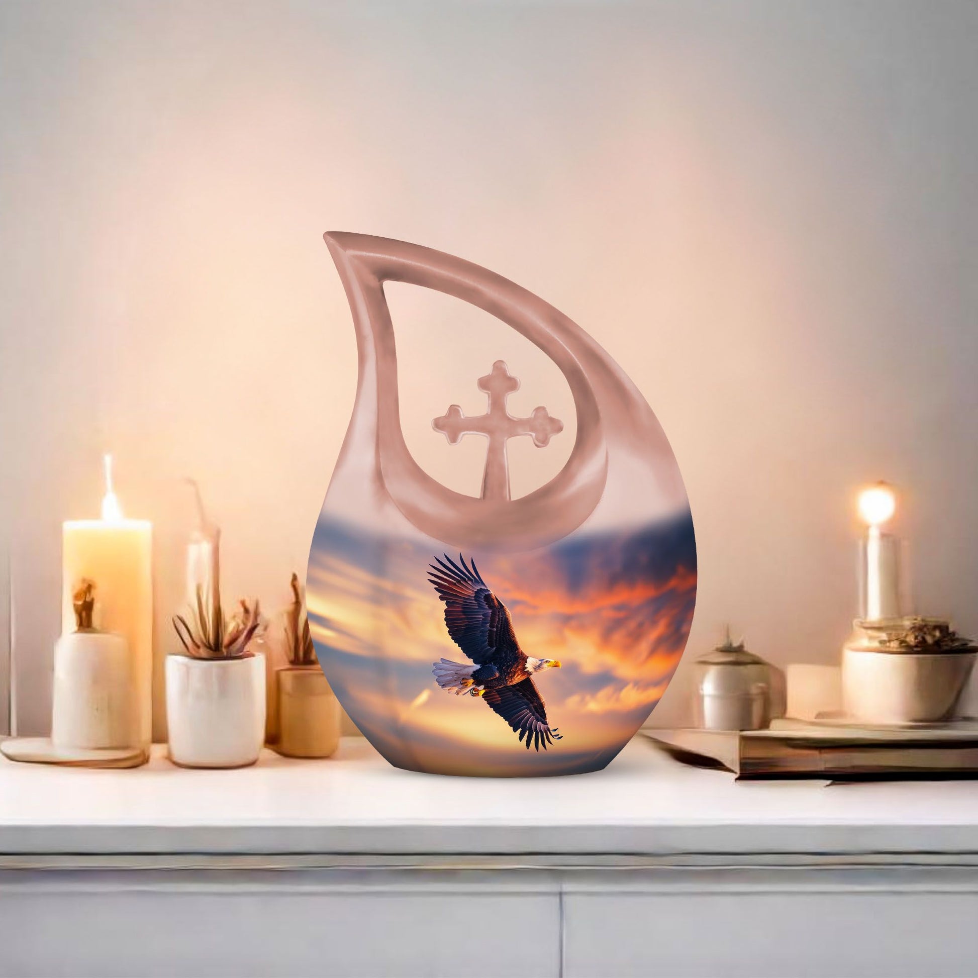 Eagle Urn with Cross Drop Design, Large Memorial Urn for