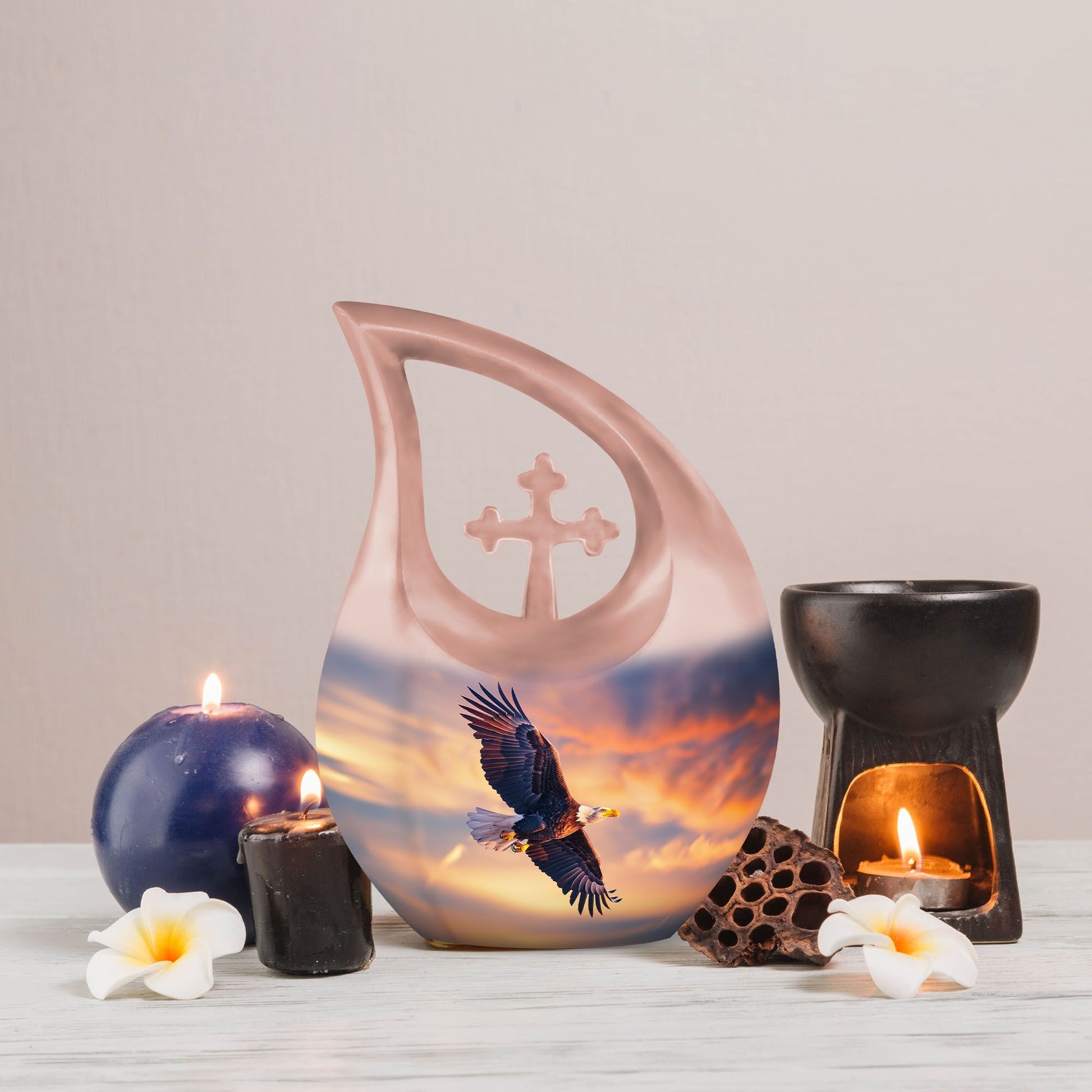 Eagle Urn with Cross Drop Design, Large Memorial Urn for