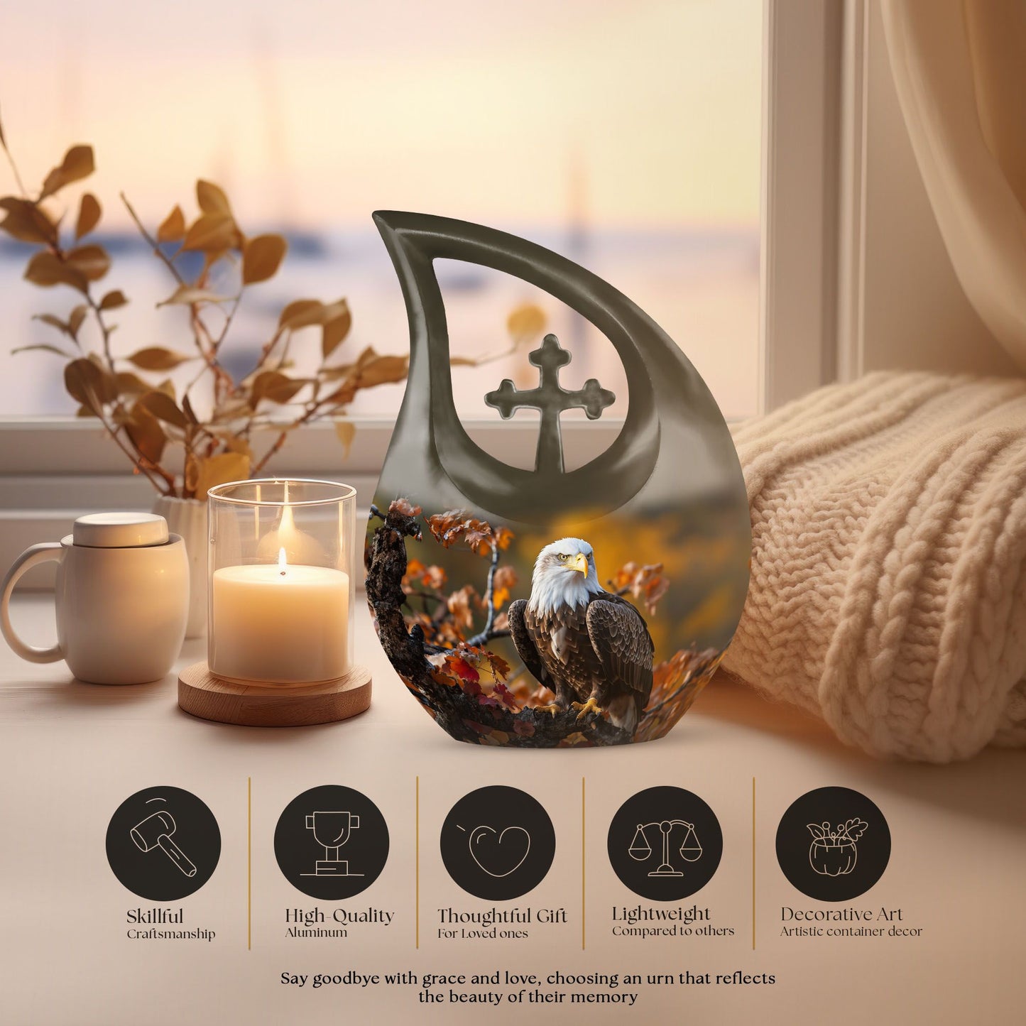 10-inch Eagle Urn, Cross Drop design, customizable 