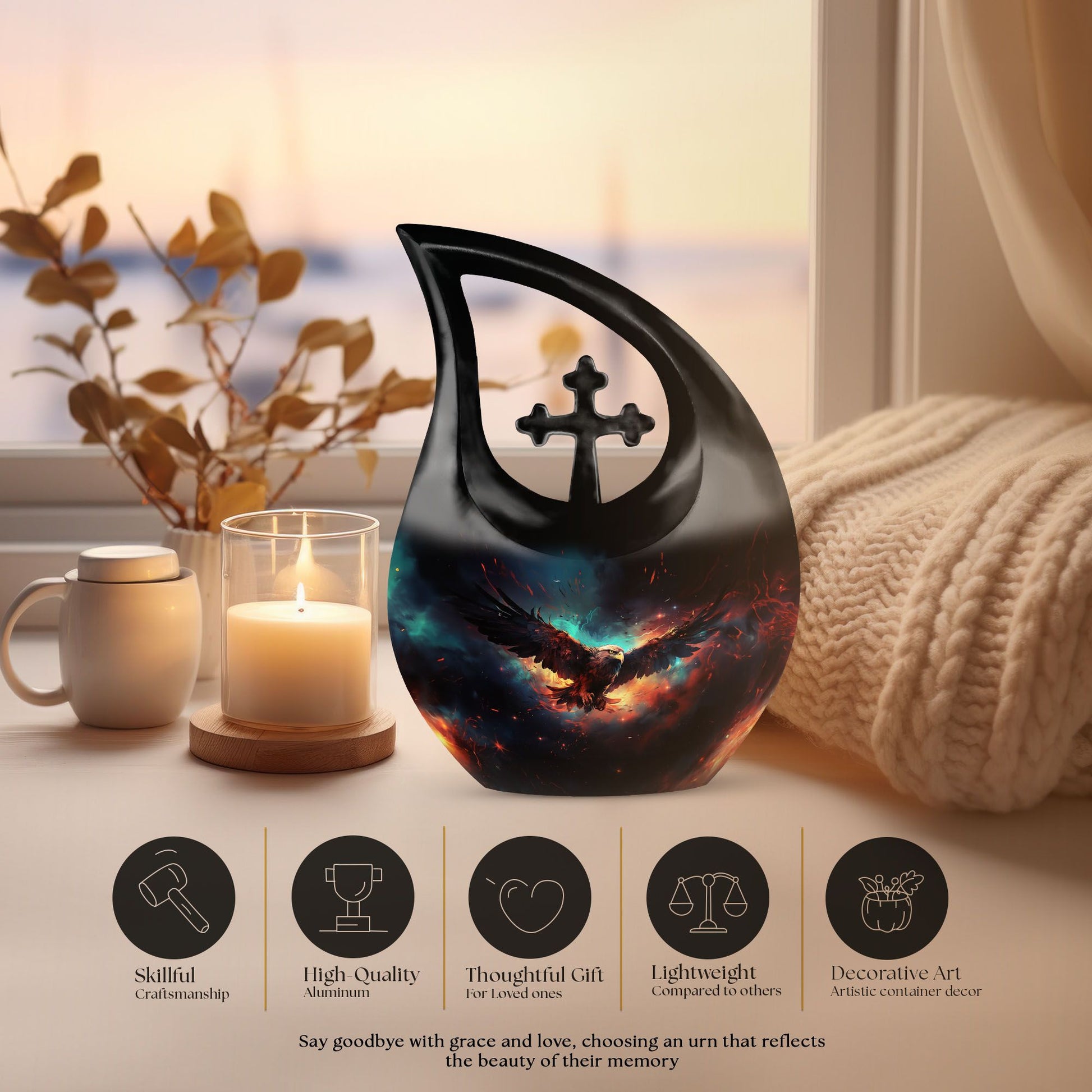 10 inch Eagle Urn, miniature cross drop design