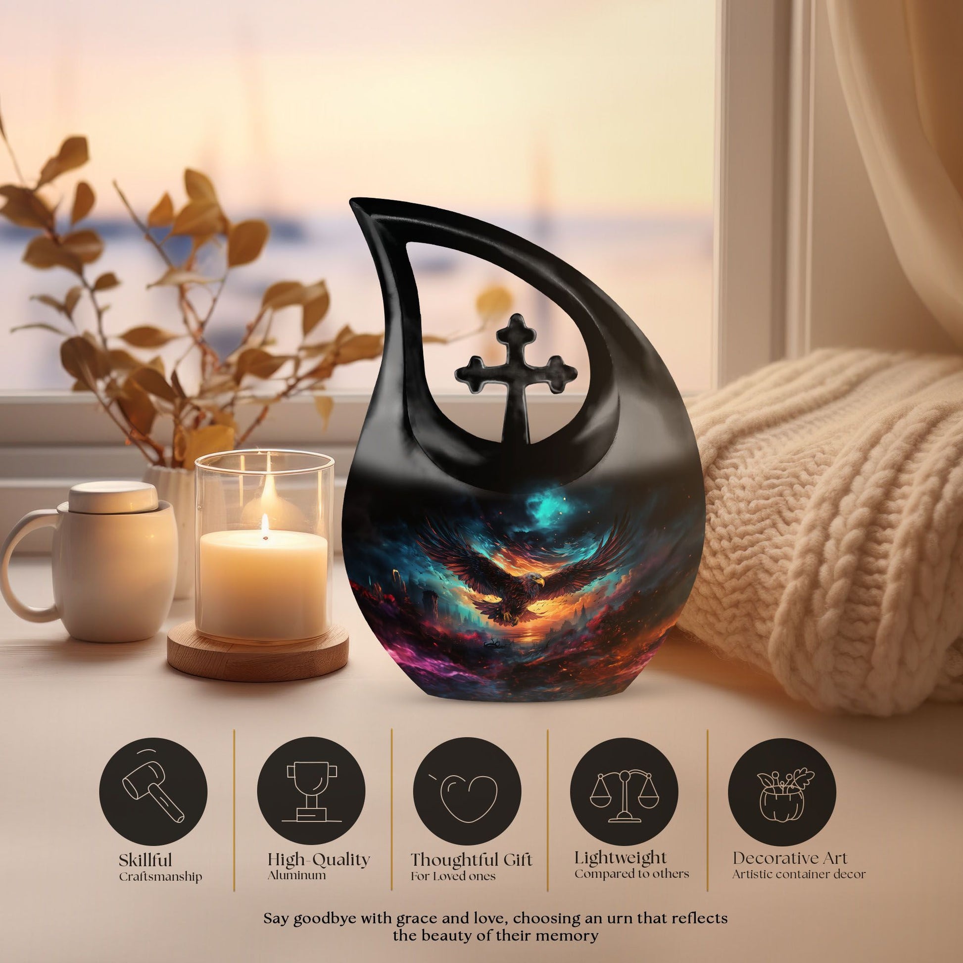 10-inch Eagle Urn featuring Cross Drop design, made 